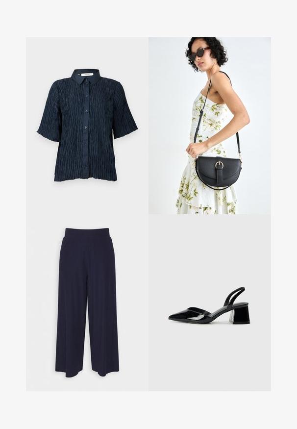 Mornarsko plava košulja s kratkim rukavima, s teksturiranom, naboranom površinom, sa gumbima sprijeda i klasičnom kragnom.; Hlače širokih nogavica od tamnoplavog materijala s reljefnom teksturom. Imaju glatki pojas i lepršavi siluet, dosežu do sredine potkoljenice.; Crne lakirane kožne sandale s otvorenom petom i špicastim vrhom, s geometrijskom blok petom. Imaju elegantan, minimalistički dizajn i glatku teksturu.; Crna kožna torba s lukovitim oblikom, odvojivim remenom i zlatnim detaljima. Torba ima preklop s kopčom.