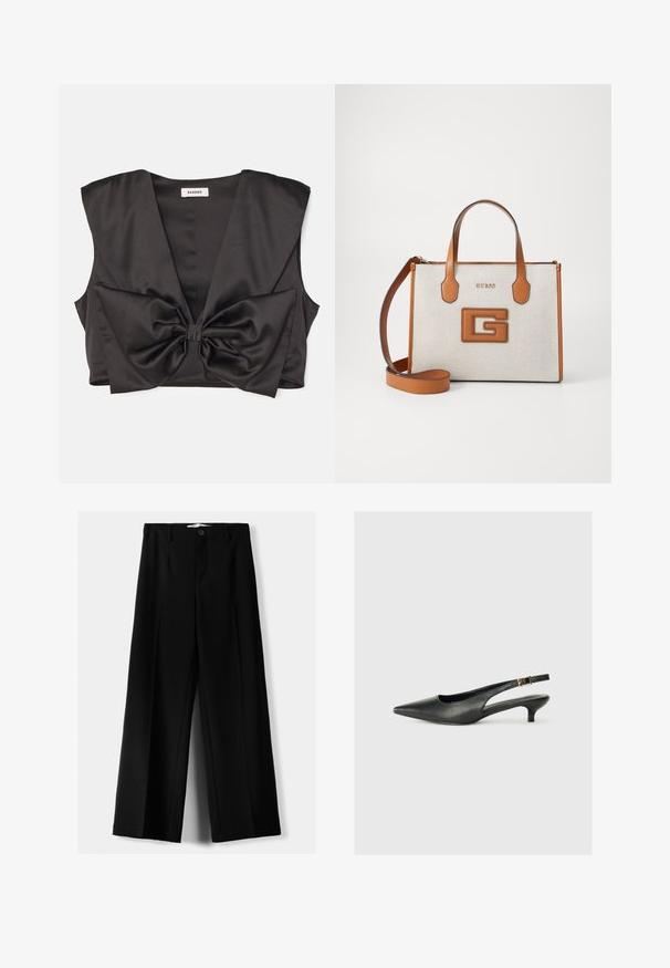 sandro PASSY - Top - noir; Pantaloni negri cu picior larg, fabricați dintr-un material ușor, cu închidere frontală cu nasture și față plată, având tivuri cusute cu atenție.; Pantofii slingback negri cu vârf ascuțit sunt fabricați din piele netedă. Au un toc subțire și un detaliu cu cataramă pe cureaua ajustabilă.; Geantă de umăr în nuanțe de bej și maro deschis, cu logo, din material texturat, cu două mânere și curea de umăr detașabilă. Are litere aurii și un emblemă distinctă cu G.