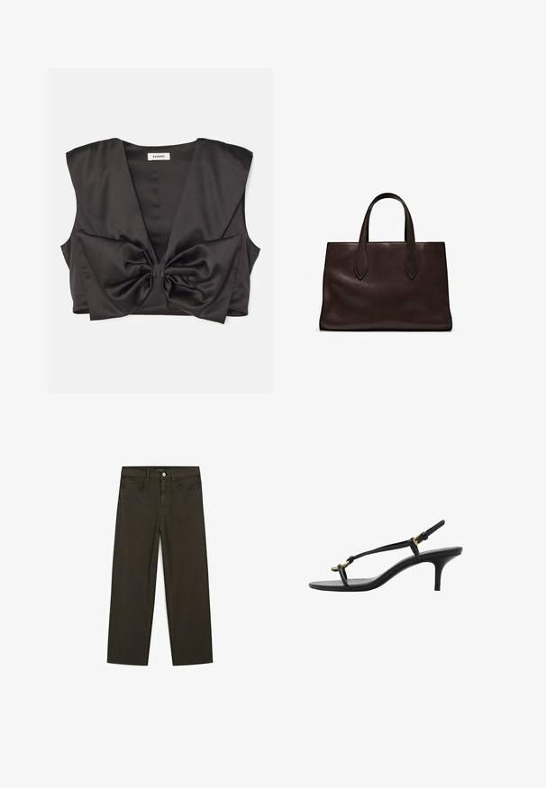 sandro PASSY - Top - noir; Mørkegrønne brede jeans lavet af en bomuldsblanding, med en frontlukning med knap, fem lommer og klassisk denim-syning.; Sort læder kitten hæl sandal med tynde stropper, guldspænde og minimalistisk tå løkke på en hvid baggrund.; Brun læder tote bag med to forlængede håndtag, struktureret rektangulær form, glat overflade og subtile syninger.