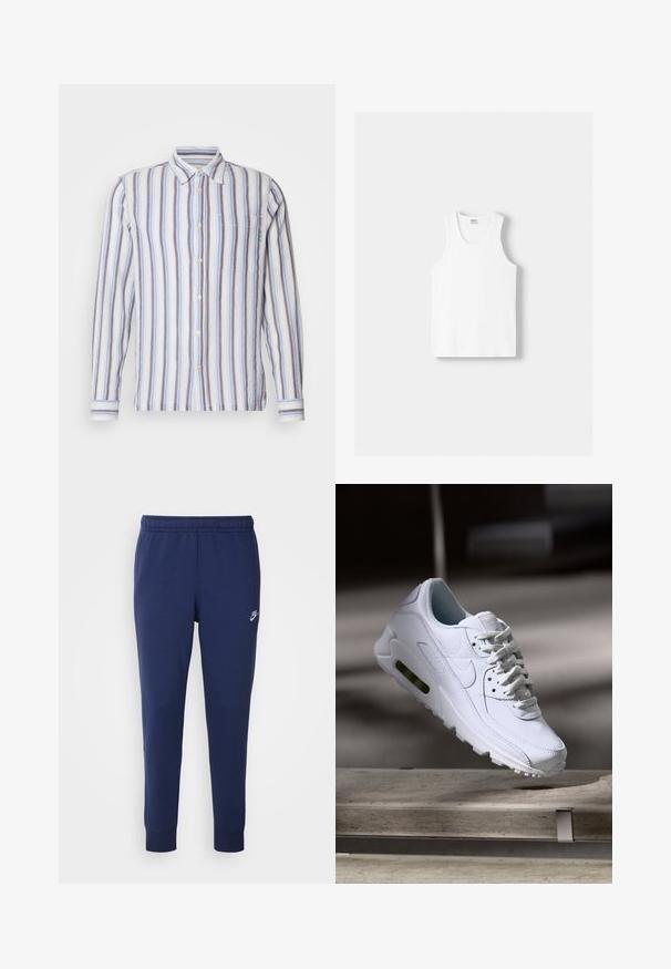 Gestreept overhemd met lange mouwen met afwisselend blauwe, witte en grijze strepen. Knopen aan de voorkant, één borstzak en groene geborduurde details.; Witte katoenen tanktop met een ronde halslijn, brede schouderbanden en een rechte zoom, met een gladde textuur en zonder zichtbare patronen.; Marineblauwe Nike-zweetbroek gemaakt van een zachte katoenmix, met een elastische tailleband, taps toelopende pijpen en een klein wit logo aan de zijkant.; Witte leren sneaker met gestructureerde oppervlakken, gevoerde kraag en zichtbare luchtbescherming in de zool. Heeft veters en een minimalistisch ontwerp.