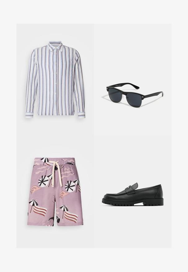 Stripete langermet skjorte med vekslende blå, hvite og grå striper. Knappelukking foran, enkelt brystlomme, og grønn broderidetall.; Svømmetrunks i lys lilla stoff, med et grafisk mønster av strandparasoller, bølgete linjer og stiliserte hender i kontrasterende farger.; Sorte lærloafere med rund tå, med en syddesign, lav plattformsåle og en teksturert, ruggede gummisåle.; Sorte solbriller med rektangulær form, mørke linser, sølvfargede detaljer ved templene, og en matt finish på rammen.