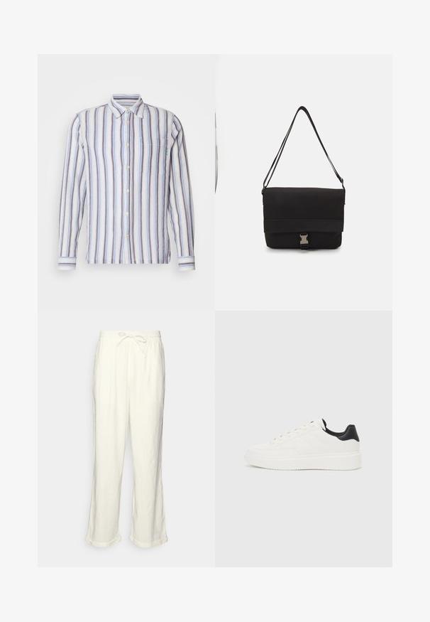 Gestreiftes Langarmshirt mit abwechselnd blauen, weißen und grauen Streifen. Knopfverschluss, eine Brusttasche und grüne gestickte Details.; Leinenhose in Off-White mit einem Bund zum Kordelziehen, leicht weitem Bein und umgeschlagenen Säumen für eine entspannte Passform. Keine Taschen.; Weißes Leder-Sneaker mit geprägtem Muster, strukturierter weißer Zwischensohle und schwarzen Akzenten an der Ferse. Verfügt über eine abgerundete Zehenpartie und flache Schnürsenkel.; Schwarze Umhängetasche aus glattem Material, mit einem umklappbaren Deckel, silbernem Verschluss und verstellbarem Schultergurt.