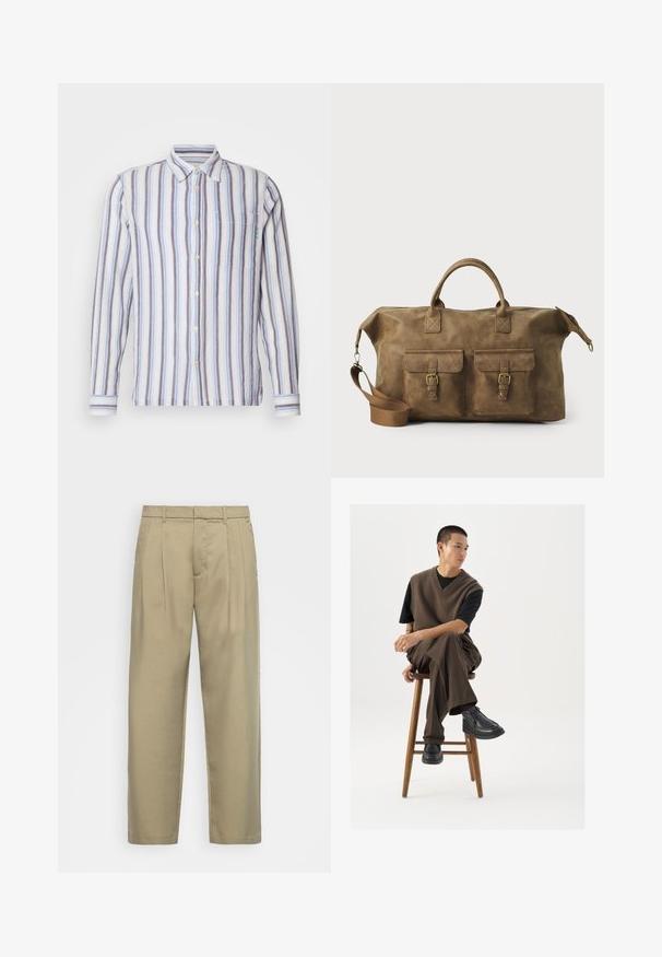Cămașă cu mâneci lungi în dungi, având dungi alternative de culoare albastră, albă și gri. Se închide cu nasturi la față, are un singur buzunar la piept și detalii brodate verzi.; Pantaloni bej, cu talie înaltă, cu croială dreaptă, având un front neted, buzunare laterale și un material neted, texturat.; Vest tricotat maro peste un tricou negru, asortat cu pantaloni maro cu picioare largi și pantofi chunky negri, așezat pe un taburet din lemn.; Geantă de voiaj din piele maro, cu două buzunare frontale, curea de umăr ajustabilă, accesorii aurii și mânere superioare rezistente. Textură netedă.