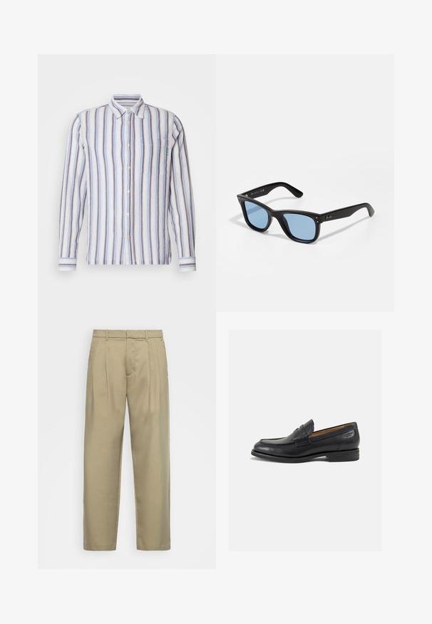 Svītraina garām piedurknēm krekls ar mainīgām zilām, baltām un pelēkām svītrām. Pogājama josta priekšā, viena krūšu kabata un zaļa izšuvuma detaļa.; Bēša, augstās jostas bikses ar taisnu piegriezumu, ar plakanu priekšpusi, sānu kabatām un gludu, teksturētu audumu.; Melnas ādas loafers ar gludu apdari, noapaļotu purngalu un dekoratīvām šuvēm uz virsu. Zems, sakrauta papēža un neliels spīdums.; Melni plastmasas saulesbrilles ar zili tonētām lēcām, kvadrātveida forma, cietas kājas un divi metāla akcenti priekšpusē blakus lēcām.