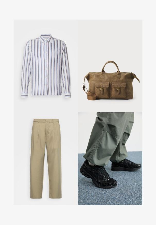 Camicia a maniche lunghe a righe con strisce blu, bianche e grigie alternate. Chiusura con bottoni, taschino sul petto e dettagli ricamati verdi.; Pantaloni beige a vita alta con taglio dritto, dotati di una parte frontale liscia, tasche laterali e un tessuto morbido e testurizzato.; Sneaker atletici neri con texture lucida e in rete, dotati di una suola spessa e lacci, abbinati a pantaloni cargo larghi verde oliva.; Borsa da viaggio in pelle marrone con due tasche frontali, tracolla regolabile, hardware dorato e manici superiori robusti. Texture liscia.