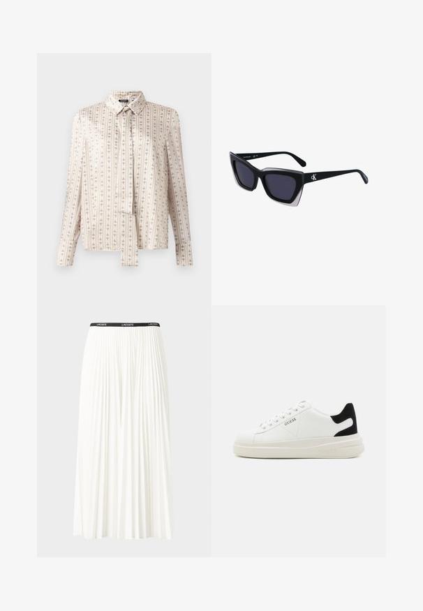 Langärmgem shirt van crème stof met verticale strepen en een subtiel herhaald patroon in beige. Voorzien van een kraag en knoopsluiting aan de voorkant.; Plisséminirok in het wit met een zwarte elastische tailleband met het "LACOSTE"-logo. Middellange ontwerp met een zachte textuur.; Witte leren sneakers met een dikke witte zool, zwarte suède hielaccent en een geperst logo op de zijkant. Vetersluiting met zes oogjes.; Zwarte oversized zonnebril met een geometrische vorm, voorzien van donkere glazen en een contrasterend grijs detail op het montuur. Logo op de arm.