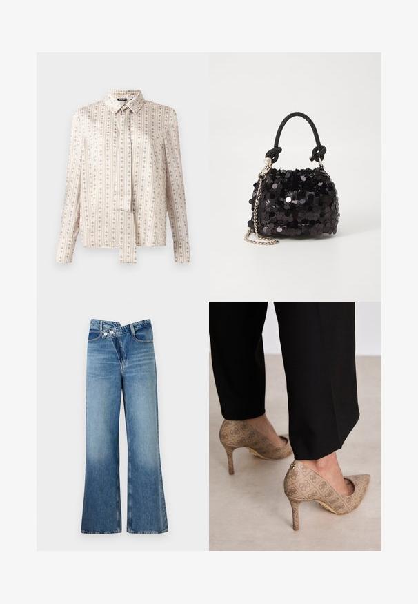 Chemise à manches longues en tissu crème avec des rayures verticales et un motif répété subtil en beige. Présente un col et un devant boutonné.; Jean en denim bleu clair évasé à taille haute, doté de deux boutons et de poches avant. Le tissu a une texture décolorée avec des variations subtiles.; Chaussures à talons hauts beiges en tissu texturé avec un motif répétitif. Design à bout pointu avec un accent à l'arrière et détail de talon doré.; Mini sac à main en sequins noirs avec une bandoulière texturée nouée et une chaîne argentée. Forme arrondie avec un haut froncé et des détails réfléchissants.