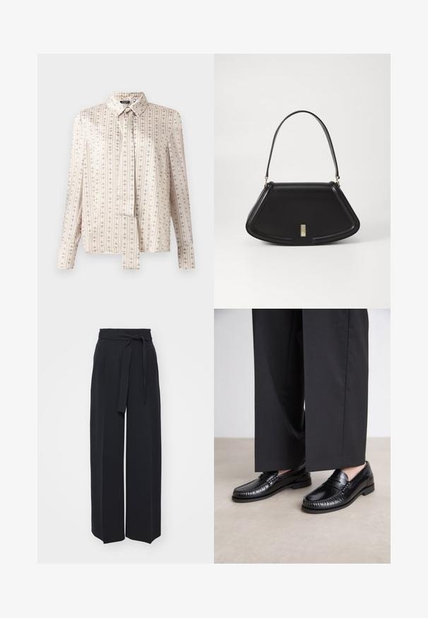 Chemise à manches longues en tissu crème avec des rayures verticales et un motif répété subtil en beige. Présente un col et un devant boutonné.; Pantalons noirs à jambes larges en tissu doux. Dotés d'une taille ceinturée et de plis avant. Texture lisse avec un design épuré et contemporain.; Mocassins en cuir noir avec une finition lisse, descoutures autour de l'orteil et une semelle en caoutchouc basse. Assortis à un pantalon large noir.; Sac à main en cuir noir avec un design géométrique, base plate et une courte bandoulière. Comprend un petit détail en matériel doré.