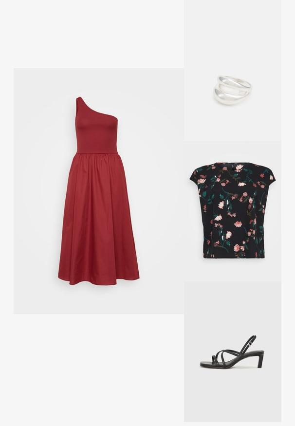 Blusa negra de flores con mangas cortas, que presenta patrones de flores en tonos rosa y verde. Tejido suave con un corte holgado y escote redondeado.; Vestido asimétrico de un solo hombro en un rojo intenso, con un cuerpo ajustado y una falda acampanada de longitud media, fabricado en un tejido suave con una textura sutil.; Sandalia negra de tiras con punta cuadrada y tacón bajo de bloque. Presenta múltiples tiras delgadas y una correa ajustable en el tobillo. Fabricada en cuero suave.; Bolso cruzado de piel negra con textura suave, forma rectangular y un detalle de cadena metálica en el frente. Incluye una correa ajustable.; Anillo de plata de doble banda con una superficie lisa y pulida. Presenta un diseño fluido y curvado con secciones superpuestas para un aspecto moderno.