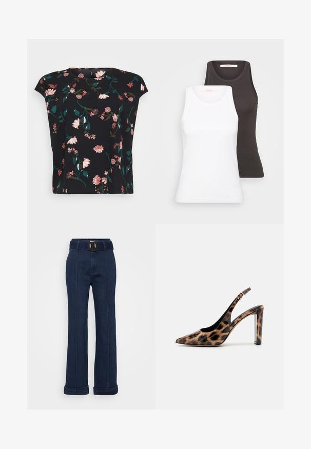 MustMust mustaga roosade ja roheliste lillede mustriga lühikeste varrukatega must blouse. Sile kangas, lõdva istuvuse ja ümarate käeaukudega.; Kaks valget ja tumehallist tank topi, millel on ribakujundus, ümarad kaelused ja varrukateta disain. Sildid asuvad sisemisel kaelusel.; Tumed sinine teksapüksi laia jala disainiga, millel on vöö suure metallist pandlaga ja nähtavad õmbluste aktsendid.; Leopardimustriga saadaval sanga pump kõrge kontsaga, millel on terav varvas ja läbipaistev plokktald. Valmistatud läikivast materjalist, millel on sile tekstuur.