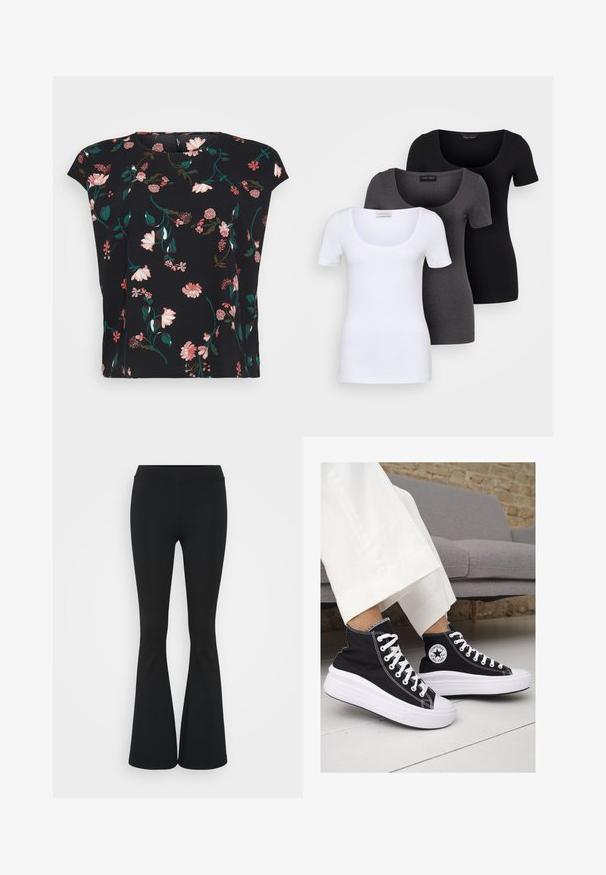 Schwarze Bluse mit kurzen Ärmeln und floralen Mustern in Pink und Grün. Glattes Material mit lockerer Passform und rundem Ausschnitt.; Drei figurbetonte T-Shirts in Weiß, Grau und Schwarz. Jedes hat einen weiten Rundhalsausschnitt und kurze Ärmel. Hergestellt aus glattem, elastischem Stoff.; Schwarze, ausgestellte Hosen aus dehnbarem Material mit hohem Bund und glatter Textur. Die Hose weitet sich ab dem Knie.; Schwarze Canvas-Hochtop-Sneakers mit weißen Gummisohlen und Schnürsenkeln. Mit einem runden Logo an der Seite und kontrastierendem weißen Nähten.