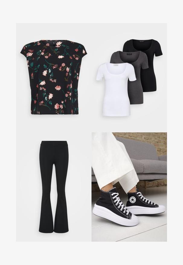 Blusa preta floral com mangas curtas, apresentando padrões de flores em tons de rosa e verde. Tecido suave com um corte descontraído e decote arredondado.; Três t-shirts ajustadas em branco, cinza e preto. Cada uma possui um decote amplo e mangas curtas. Feitas de um tecido liso e elástico.; Calças pretas de corte alargado feitas de tecido elástico, com uma cintura alta e uma textura suave. As calças alargam-se a partir do joelho.; Ténis pretos de cano alto com solas e atacadores em borracha branca. Apresentam um emblema redondo e costuras contrastantes em branco. Material em lona.
