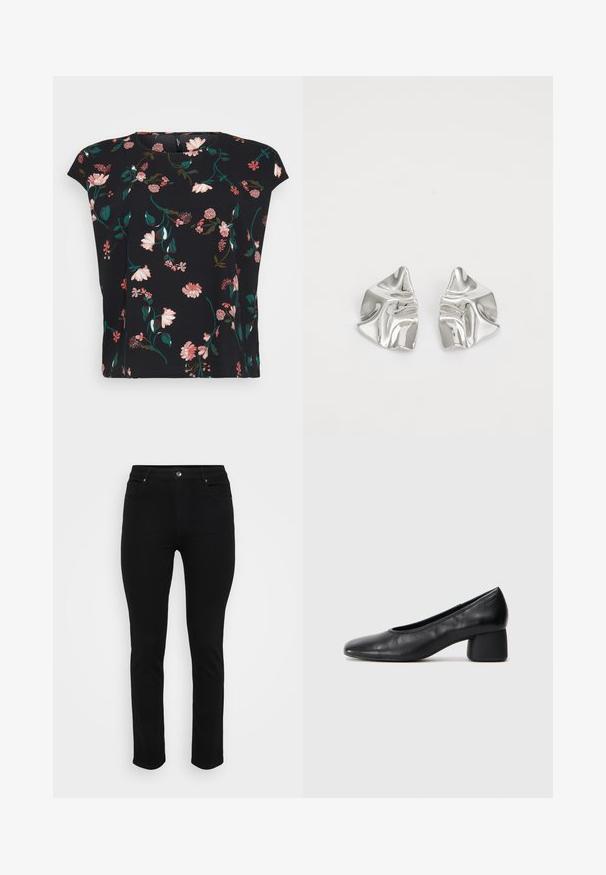 Crna cvjetna bluzica s kratkim rukavima, ukrašena uzorcima ružičastog i zelenog cvijeća. Glatka tkanina s opuštenim krojem i zaobljenim izrezom.; Crne traperice od denima slim fit kroja, s pet džepova, zatvaranjem na dugme sprijeda i blago rastezljivim materijalom za udobnost. Ravna, glatka tekstura s minimalnim ukrasima.; Crna kožna pumpica s okruglim vrhom i srednje blok petom. Glatka tekstura s minimalnim detaljima, s suptilnim elastičnim otvaranjem.; Srebrne metalne naušnice s valovitim, skulpturalnim dizajnom, naglašenim sjajnom završnom obradom i nepravilnim oblicima, što ističe suvremeni estetski izraz.