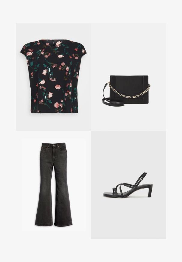 Schwarze Bluse mit kurzen Ärmeln und floralen Mustern in Pink und Grün. Glattes Material mit lockerer Passform und rundem Ausschnitt.; Schwarze High-Waist-Jeans aus Denim mit weitem Bein, Fünf-Taschen-Design und Kupfennieten.; Schwarze Sandale mit Riemchen, quadratischer Zehenform und niedrigem Blockabsatz. Verfügt über mehrere dünne Riemen und einen verstellbaren Knöchelriemen. Hergestellt aus glattem Leder.; Schwarze Leder-Crossbody-Tasche mit glatter Textur, rechteckiger Form und metallic-kettendetail auf der Vorderseite. Verstellbarer Gurt inklusive.; Silberner Doppelring mit einer glatten, polierten Oberfläche. Verfügt über ein fließendes, kurviges Design mit überlappenden Abschnitten für einen modernen Look.