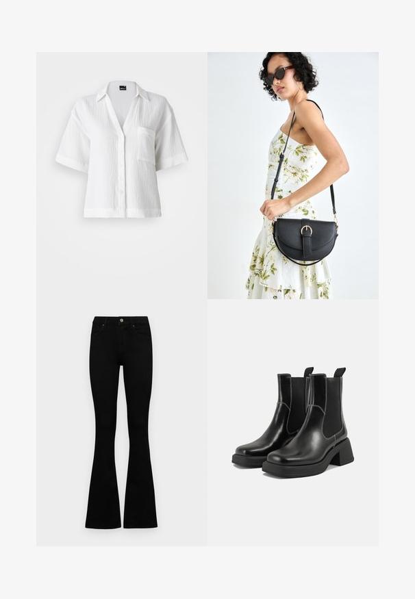 Gina Tricot GAUZE SHORT SLEEVE - Blusa com botões - white; Jeans pretos de cintura alta com fecho de botão e zíper, bolsos frontais e pernas largas dispostos em cima de um fundo branco.; Botas Chelsea em couro preto com um salto grosso, painéis laterais elásticos e costura branca em contraste. Acabamento texturizado.; Bolsa de couro preta com forma curva, alça destacável e detalhes em dourado. A bolsa possui uma aba com detalhe de fivela.