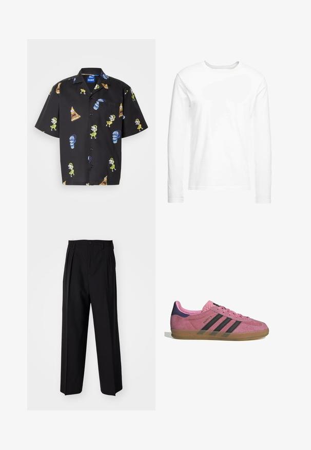 Črna majica s kratkimi rokavi, ki vsebuje barvite vzorce risanih junakov in predmetov. Narejena je iz lahkega materiala, vzorci vključujejo zelene in modre detajle.; Dolga majica z dolgimi rokavi, izdelana iz mehkega bombaža. Okrugli izrez s ravnimi robovi in brez vidnih vzorcev ali grafik.; Črne nabirane hlače s ravnim, širokim krojem. Narejene so iz gladkega materiala in imajo zadrgo ter pasne zanke.; Roza semišna tenisača z črnimi stripe, gumijastim podplatom in teksturiranim vijoličastim petnim delom. Ima vezalni dizajn in embosirano blagovno znamko na strani.