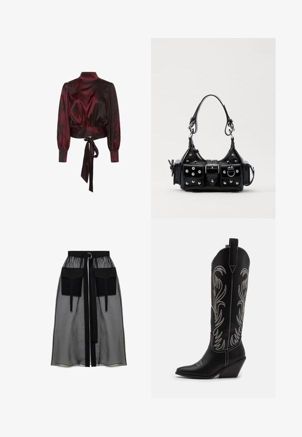 Blusa corta in satin bordeaux con maniche lunghe, colletto alto, maniche a palloncino, vita elastica e dettaglio annodato in vita.; Gonna nera trasparente con una vita arricciata, dotata di due ampie tasche frontali, un laccetto in vita e un ornamento metallico circolare.; Stivali da cowboy in pelle nera con punte affusolate, tacchi a zoccolo e motivi floreali ricamati in argento lungo il gambale. Cuciture a contrasto in tutto lo stivale.; Borsa a mano in pelle nera con design curvo, caratterizzata da borchie argentate, una fibbia e due tasche laterali. Tracolla regolabile per diverse opzioni di trasporto.