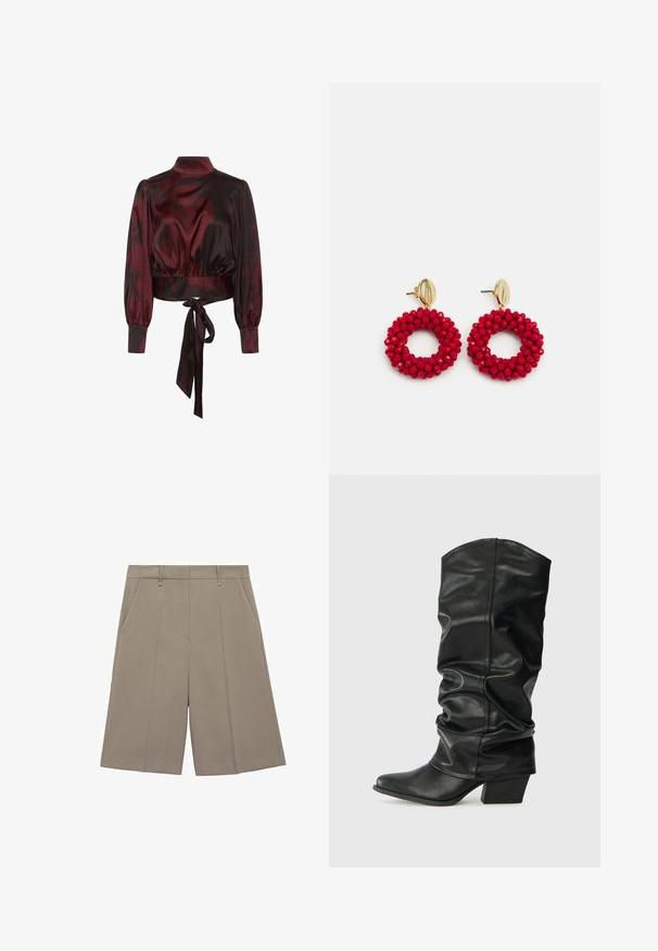 Burgundska satenasta kratka bluzica z dolgimi rokavi, visokim ovratnikom, napihnjenimi rokavi, elastičnim pasom in zavezanim detajlom v pasu.; Bež kratke hlače s plisiranim detajlom in ravnim krojem, ki vključujejo zanke za pas in stranske žepe. Narejene iz gladkega, lahkega materiala.; Črne usnjene škornje do kolen s nagubanjem, z zunanjim konico in debelim peto, s sijočo teksturo in minimalnim šivanjem.; Rdeči krožni uhani s perlicami z awkim površjem in zlato-naročnikom za zapiranje. Krog oblike z odprtim središčem in okroglimi podrobnostmi z biseri.