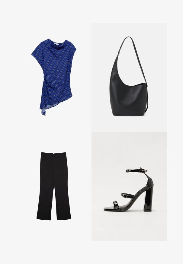 Niebieska asymetryczna bluzka z lekkiego materiału, z białymi pionowymi paskami i drapowanym fasonem z okrągłym dekoltem.; Czarne spodnie o prostym kroju, z przednimi kieszeniami i bocznymi rozcięciami na dole. Wykonane z miękkiego, gładkiego materiału. Odpowiednie na różne okazje.; Czarne lakierowane sandały na obcasie z kwadratowym noskiem, z paskami wokół kostki i srebrnymi klamrami. Posiadają masywny słupek dla stabilności.; Czarna skórzana torba hobo o gładkiej fakturze, zaokrąglonym kształcie i pojedynczym, regulowanym pasku; posiada szerokie otwarcie na górze.