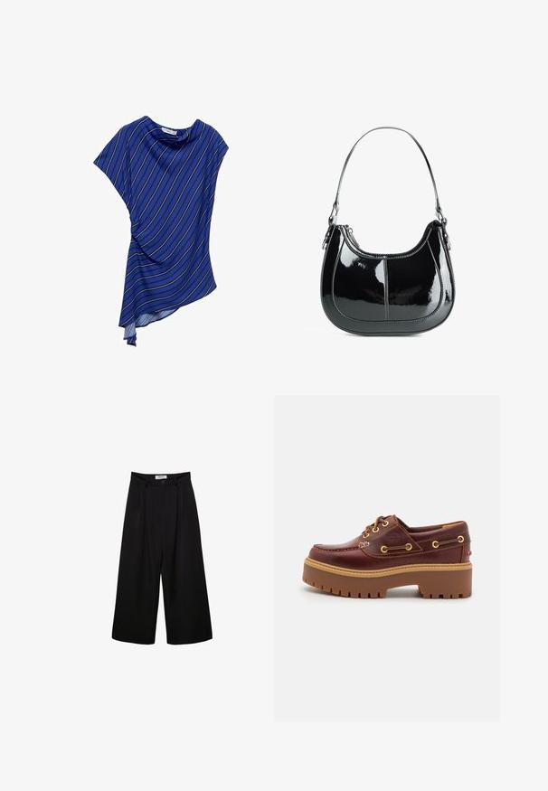 Blå asymmetrisk top fremstillet af letvægtsstof, der har hvide lodrette striber og et draperet design med en udskåret halsudskæring.; Sorte brede bukser med høj talje, plisseret front og knaplukning. Lavet af glat stof med en skræddersyet design.; Brune læder bådsko med en kraftig brun gummisål, gyldne snørehuller og kontraststing. Har et logo på siden.; Sort patent læder håndtaske med en buet design, lynlåslukning og en enkelt skulderrem med sølvfarvet hardware og syninger som accents.