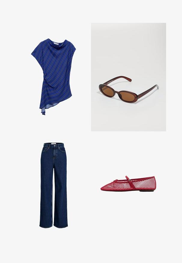 Top asimmetrico blu realizzato in tessuto leggero, con righe verticali bianche e un design drappeggiato con scollo a girocollo.; Jeans in denim scuro a vita alta, con gamba ampia, bottone frontale e design a cinque tasche.; Ballerine in rete rossa con punta affusolata, dotate di una sottile cinghia e dettaglio a fibbia. La parte superiore presenta un motivo aperto a nido d'ape.; Occhiali da sole rotondi con tonalità marrone, montatura lucida color bordeaux. Aste sottili con un sottile dettaglio del marchio. Design delle lenti piatte.