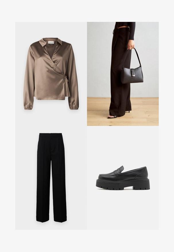 Ruda satino apvalkalo bluzonė su ilgomis rankovėmis, apykakle ir šoniniu raiščiu. Lygus paviršius su nedideliu blizgesiu, pasižyminti V formos iškirpte.; Juodi plačios kojos keliai su lygiu paviršiumi, turi plokščią priekinę dalį, klostes ir pritaikytą juosmenį. Nėra matomų detalių ar raštų.; Juodas odinis loafers'ų modelis su žemu, masyviu guminio pado, siuvinėtomis detalėmis ant viršaus ir lygia tekstūra.; Juodas rankinė struktūrizuota forma, lygi tekstūra ir metalinis užsegimas. Suporuota su plačiomis juodomis kelnėmis ir atvirais bateliais ant medinių grindų.