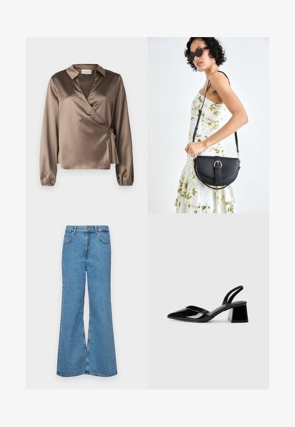 Rjava satenasta bluzo s dolgimi rokavi, ovratnikom in stranskim trakom. Gladka tekstura z rahlim sijajem, ki ima obliko V-izreza.; Svetlo modri razširjeni džins hlače iz denima, z visokim pasom, petimi žepi in enim gumbom za zapiranje. Mehka tekstura z blagim zbledelim videzom.; Črne lakirane slingback pete s koničastim nosom in geometrijsko blokasto peto. Imajo eleganten, minimalističen dizajn in gladko teksturo.; Črna usnjena torbica s ukrivljeno obliko, z odstranljivo naramnico in zlatimi dodatki. Torbica ima pokrov s podrobnostmi v obliki zaponke.