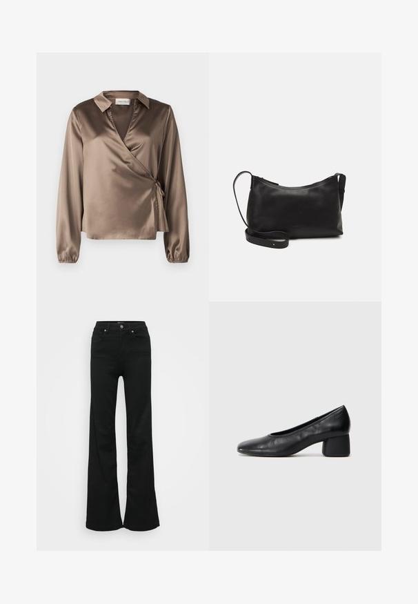 Hnedá saténová blúzka s dlhými rukávmi, golierom a detailom na bočnej kravate. Hladká textúra s jemným leskom, so strihom do V.; Čierne rozšírené džínsy vyrobené z denimu, s vysokým pásom, piatimi vreckami a kovovým zapínaním. Hladká textúra s minimálnym zdobením.; Čierne kožené lodičky s okrúhlou špičkou a stredne blokovým podpätkom. Hladká textúra s minimálnymi detailami, so subtílnym elastickým otvorom.; Čierna kožená ramenná taška s hladkou textúrou, zakriveným tvarom, nastaviteľným popruhom a zipsom. Minimalistický dizajn bez ozdôb.