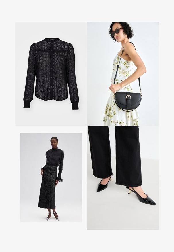 Black button-up blouse made of sheer lace, featuring intricate patterns, long sleeves with elastic cuffs, and a round neckline.; Black button-up blouse with sheer sleeves, paired with a sequined black midi skirt, and silver high-heeled shoes. Elegant and textured design.; Simmi London JUNE - Classic heels - black; Black leather handbag with a curved shape, detachable strap, and gold hardware. The bag features a flap with a buckle detail.