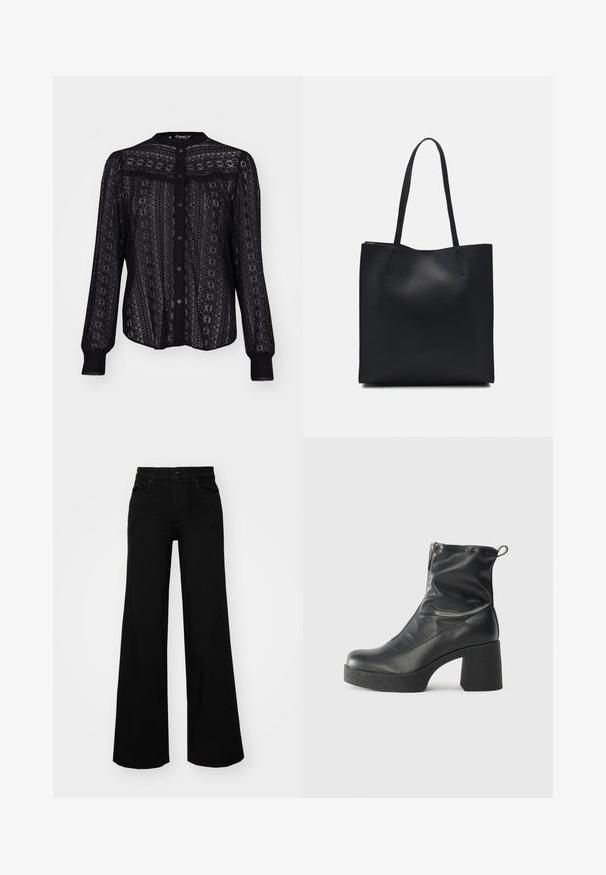 Fekete gombos blúz átlátszó csipkéből, bonyolult mintákkal, hosszú ujjakkal, elasztikus mandzsettákkal és kerek nyakkivágással.; Fekete, bő szárú farmernadrág, amelynek állítható derékrésze van, övhurkokkal és elülső zsebekkel. Simaság jellemzi, klasszikus dizájnnal.; Fekete bokacsizmák sima bőrből, oldalsó cipzárral, vastag, texturált sarkú és lekerekített orrú dizájnnal.; Fekete bőrtáska sima felszínnel, téglalap alakú, két hosszú füllel. Nincs látható fémkiegészítő vagy díszítés.