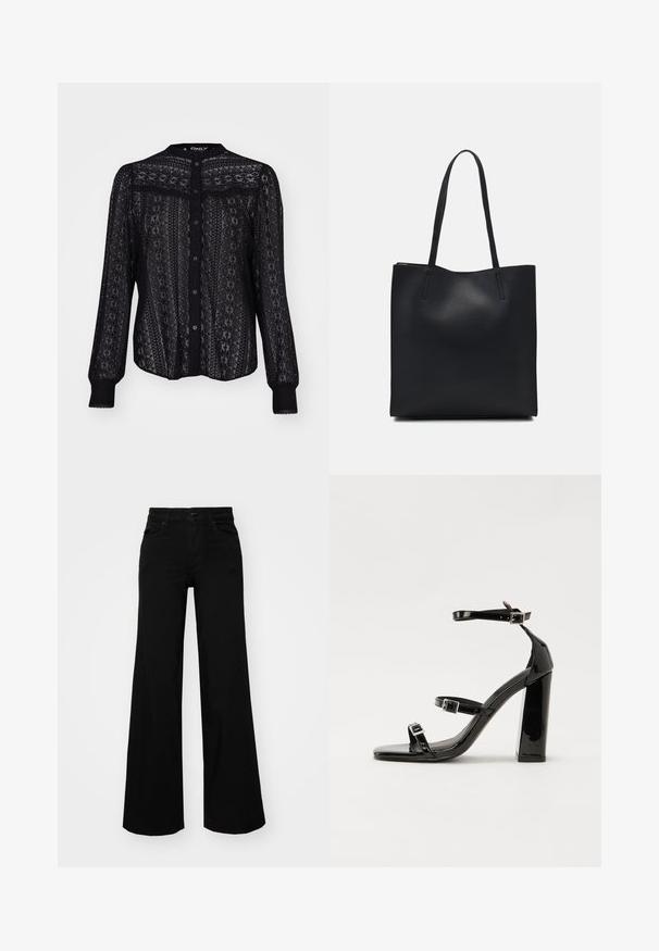 Schwarze Bluse mit Knöpfen aus durchsichtiger Spitze, mit aufwendigen Mustern, langen Ärmeln mit elastischen Bündchen und einem runden Halsausschnitt.; Schwarze weit geschnittene Hose aus Denim, mit einem strukturierten Bund, Gürtelschlaufen und Fronttaschen. Glatte Textur mit klassischem Design.; Schwarze patentierte Sandalen mit Absatz, quadratischer Spitze, Knöchelriemen und silbernen Schnallen. Mit einem stabilen Blockabsatz für mehr Stabilität.; Schwarze Laptoptasche aus Leder mit glatter Textur, rechteckiger Form und zwei langen Griffen. Keine sichtbaren Beschläge oder Verzierungen.