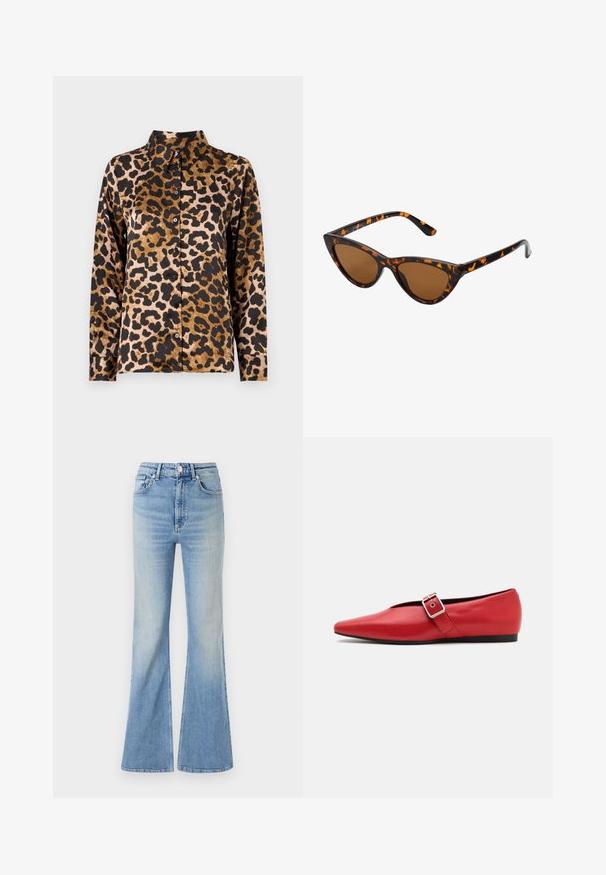 Koszula z długim rękawem z brązowym i czarnym krojem w lwy cętki oraz klasycznym kołnierzykiem na jednolitym jasnym tle.; Jasnoniebieskie dżinsy w kształcie dzwonów, wykonane z denimu, z wysokim stanem, pięcioma kieszeniami i delikatnym gradientowym blaknięciem w kierunku dołu nogawki.; Czerwone skórzane baleriny z wąskim noskiem, z bocznym paskiem z metalowym klamrą i niskim czarnym obcasem. Gładka tekstura na całej powierzchni.; Okulary przeciwsłoneczne w kształcie kocich oczu z czarno-pomarańczową oprawą w deseń żółwia, brązowymi soczewkami i eleganckimi, spiczastymi końcówkami. Posiadają minimalistyczne logo na zauszniku.