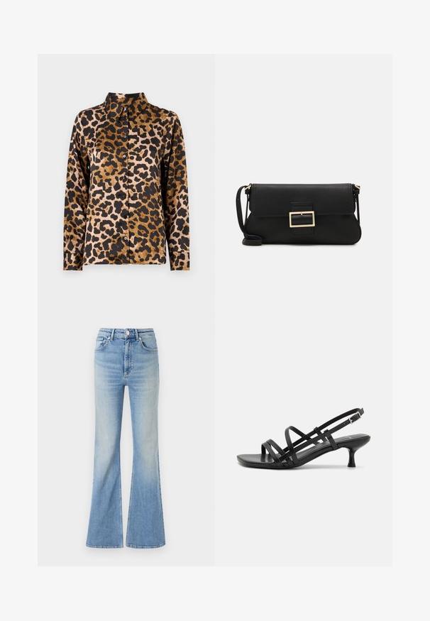 Leopardmintás ing selymes anyagból; galléros nyakú, hosszú ujjú, elöl fekete gombokkal, barna és fekete színben.; Világoskék, bő szabású farmernadrág, magas derekú, öt zsebes dizájnnal, amelynek alja fokozatos elhalványulással rendelkezik.; Fekete magassarkú szandálok több keresztben átkötött pánttal. Simább anyag, hegyes orr és keskeny sarok. Állítható bokapánt kapcsos rögzítéssel.; Fekete bőr kézitáska hajtóka részlettel és aranyszínű fém csattal. Tartalmaz egy fekete pántot és egy letisztult, minimális dizájnt.; Arany fülbevalók sima, fényes felülettel. Kör alakú dizájn, amely kis kapoccsal és átlátszó tartozékkal rendelkezik a biztonságos viselés érdekében.