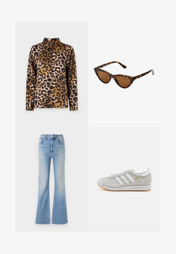 Leopardmönstrad skjorta i silkig tyg; har krage, långa ärmar och svarta knappar framtill, med brun och svart färg.; Ljusblå utsvängda jeans i denim, med hög midja, femfickorsdesign och en subtil gradient som bleknar mot fållen.; Ljusgrå sneaker i mocka och mesh, med tre vita ränder, rund tå och en sula av gummi. Guldlogotyp som accent vid snörningen.; Kattögon-solglasögon med en ram i svart och orange sköldpaddsmönster, bruna linser och smala, spetsiga tips. Har en minimalistisk logotyp på bågen.