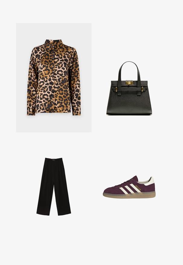 Leopardmønstret skjorte i silkeagtigt stof; har krave, lange ærmer og sorte knapper langs fronten, med brun og sort farve.; Sorte brede bukser med høj talje, der har et bælte i taljen og plisseringer for tekstur. Fremstillet af et glat, letvægtsstof.; Maroonsuede sneakers med hvide tre striber og beige accenter. Har en tekstureret gummisål og gyldent branding på siden.; Sort tekstureret tote taske med korte håndtag, der har en guldlås og detaljer. Designet er struktureret med en geometrisk silhuet.