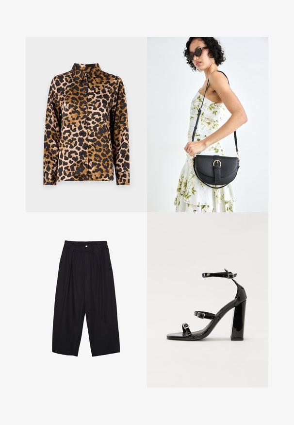 Leopardmønstret skjorte i silkeagtigt stof; har krave, lange ærmer og sorte knapper langs fronten, med brun og sort farve.; Sorte polyester culotte bukser med elastisk talje, to forpiber og en løs silhuet. Ingen synlige mønstre eller hardware detaljer.; Sorte patenterede hælsandaler med firkantet tå, ankelremme og sølvspænder. Har en chunky blokHæl for stabilitet.; Sort læderhåndtaske med en buet form, aftagelig rem og guldfinish. Tasken har en klap med en spænde detalje.