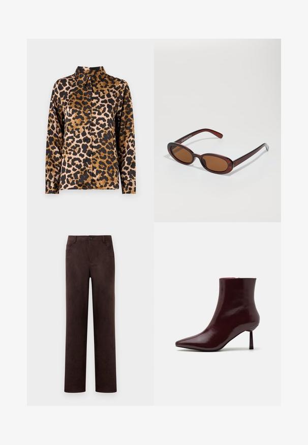 Long-sleeve button-up shirt with brown and black leopard print pattern and a classic collar on a plain light background.; Straight-leg dark brown suede pants with front button and zip closure, belt loops, and side pockets.; Burgundy patent leather ankle boot with a pointed toe and a slim stiletto heel, featuring a smooth, glossy texture and minimalistic design.; Round, brown-tinted sunglasses with a glossy burgundy frame. Slim arms with subtle branding detail. Flat lens design.; Woven burgundy handbag with a rounded shape and a single handle, featuring a textured surface and an elastic drawstring closure.