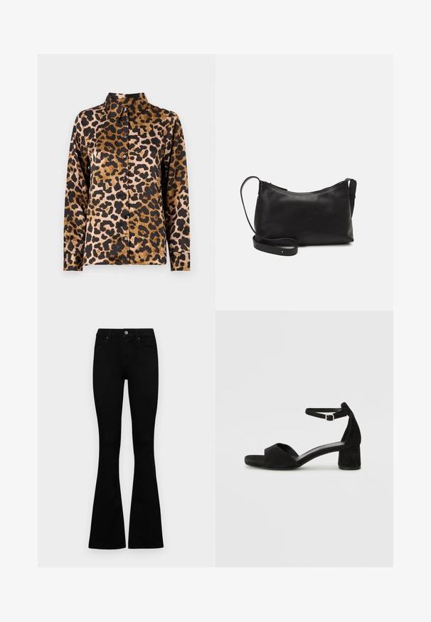 Long-sleeve button-up shirt with brown and black leopard print pattern and a classic collar on a plain light background.; Black high-waist jeans with a button and zip closure, front pockets, and flared legs laid flat on a white background.; Black suede heeled sandals with a thin ankle strap, open toe design, and a modest block heel. Smooth texture and minimal accents.; Black leather shoulder bag with a smooth texture, curved shape, adjustable strap, and a zip closure. Minimalist design without embellishments.
