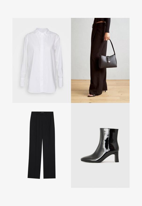 Hvit langermet skjorte laget av bomull, med klassisk krage, frontknapplukking og sidesplitter for økt bevegelsesfrihet og komfort.; Sorte bukser med rette ben, som har to frontlommer og en talje. Laget av et glatt, lett stoff.; Sorte patentlær ankle boot med spiss tå og en mellomhøy blokkhelt. Glatt tekstur og minimalistisk design.; Svart håndveske med strukturert form, jevn tekstur og metallisk lås. Kombinert med brede svarte bukser og sandaler med åpen tå på tregulv.