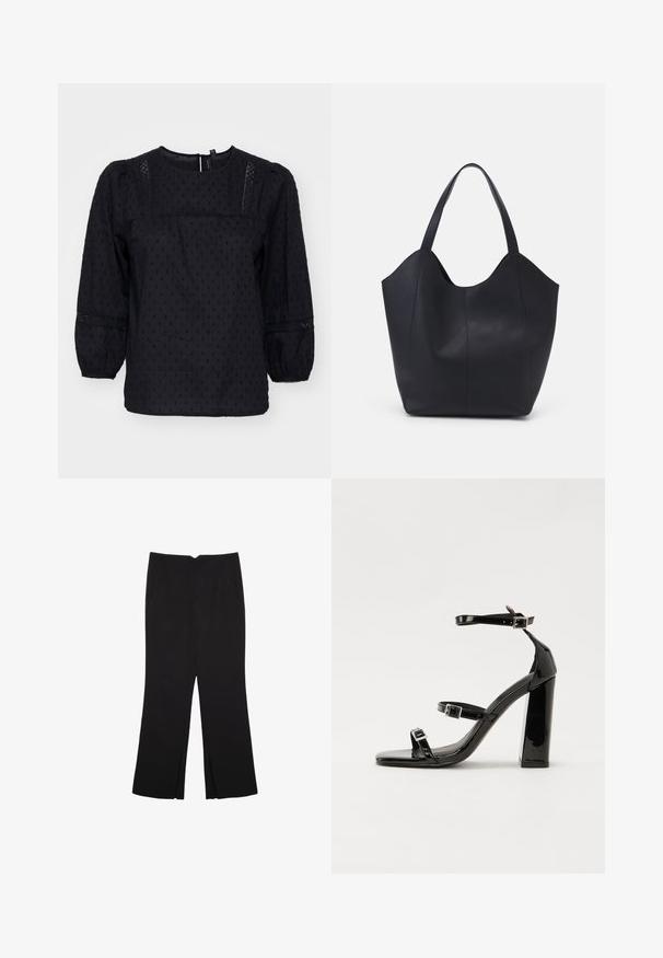 Schwarze Bluse mit Puffärmeln, strukturierten Pünktchen und Spitzenakzenten an den Schultern und Manschetten. Rundhalsausschnitt. Weicher Stoff.; Schwarze Hose mit geradem Schnitt, ausgestattet mit Fronttaschen und Seitenschlitzen am Saum. Hergestellt aus weichem, glattem Stoff. Geeignet für verschiedene Anlässe.; Schwarze Lackleder-Sandalen mit hohen Absätzen, zwei Riemen mit Schnallen, quadratischer Zehenpartie und klobigem Blockabsatz, mit einer glatten, glänzenden Textur.; Schwarze Tote-Bag aus glattem Leder, mit einem abgerundeten, offenen Oberteil, zwei Schulterträgern und einem minimalistischen Design.