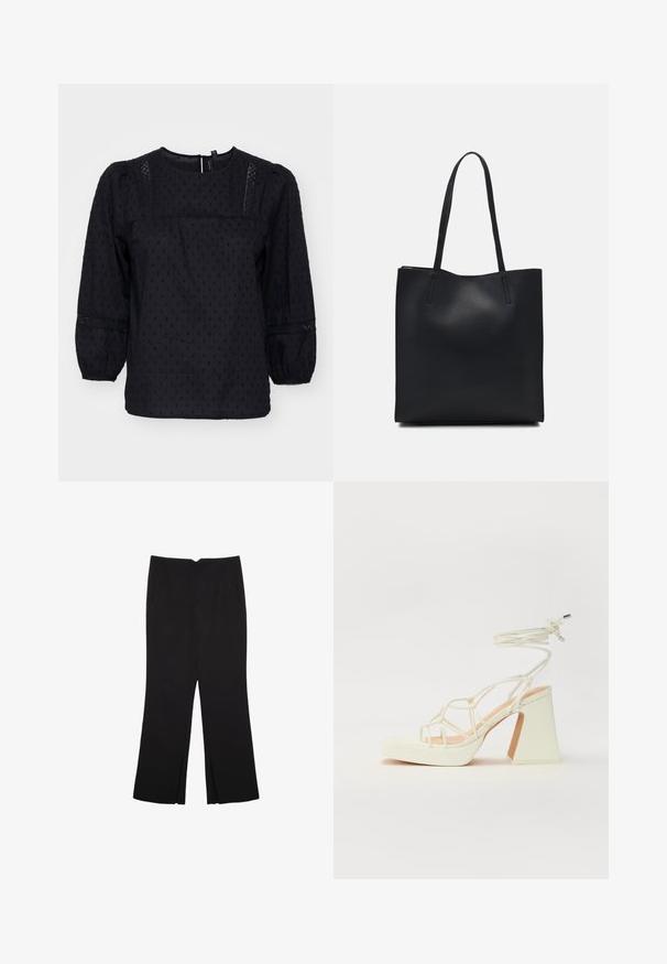 Blusa nera con maniche a palloncino, pois testurizzati e dettagli in pizzo su spalle e polsini. Collo rotondo. Tessuto morbido.; Pantaloni neri a gamba dritta, con tasche frontali e spacchi laterali all'orlo. Realizzati in tessuto morbido e liscio. Adatti a diverse occasioni.; Sandalo bianco con tacco alto, caratterizzato da un design a cinturini e un legaccio alla caviglia. Texture liscia con una piattaforma frontale per un'altezza aggiuntiva.; Borsa tote in pelle nera con texture liscia, forma rettangolare e due manici lunghi. Nessun hardware o decorazione visibile.
