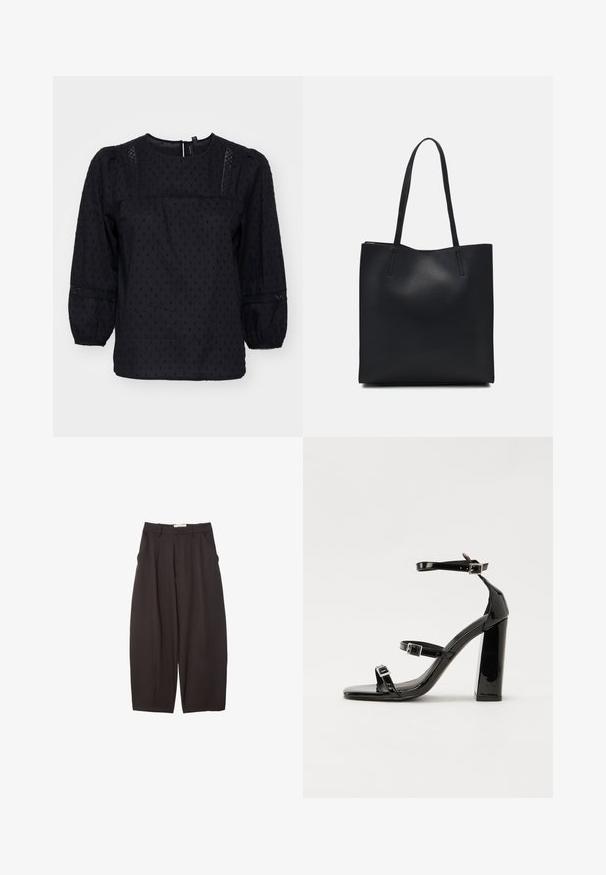 Čierna blúzka s volánovými rukávmi, textúrovanými bodkami a čipkovými akcentmi na pleciach a manžetách. Okrúhly výstrih. Mäkká látka.; Čierne široké nohavice vyrobené z hladkej tkaniny, s vysokým pásom, prednými skladmi a bočnými vreckami. Jednoduchý dizajn bez ozdôb.; Čierne lakované sandále na podpätku so štvorcovou špičkou, navlečenými remienkami okolo členku a striebornými prackami. Disponujú masívnym blokovým podpätkom pre stabilitu.; Čierna kožená taška na rameno s hladkým povrchom, obdĺžnikovým tvarom a dvoma dlhými uchami. Bez viditeľného kovania alebo ozdôb.