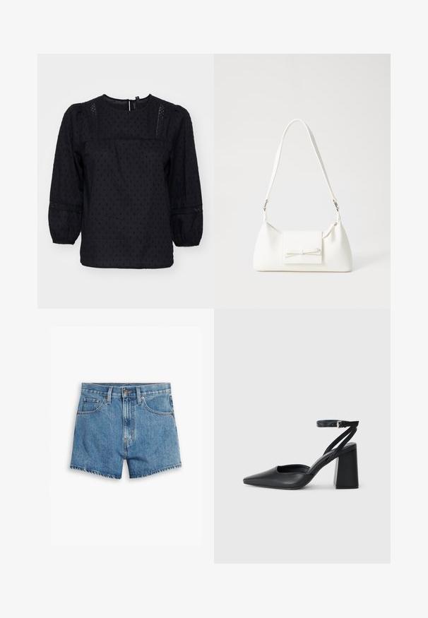 Mustmustega puffidega pluus, tekstuursete täppidega ja pitsiaktsentidega õlgadel ja mansettidel. Ümmargune kaelus. Pehme kangas.; Heledad teksapüksid helesinisena, millel on viis taskut, tõmblukk ja nööpkinnitus. Varrukad on lõdvenenud ja servad on kulunud.; Mustmustest must-käigukingad, millel on konksuga nöör ja paks konts. Ühtlane tekstuur, stiilne disain ja minimalistlik esteetika.; Valge sünteetilisest materjalist kott kolmnurkse kujuga, lame esiklapiga ja kaaredetailiga, reguleeritava rihmaga, sileda tekstuuriga ja minimalistliku disainiga.