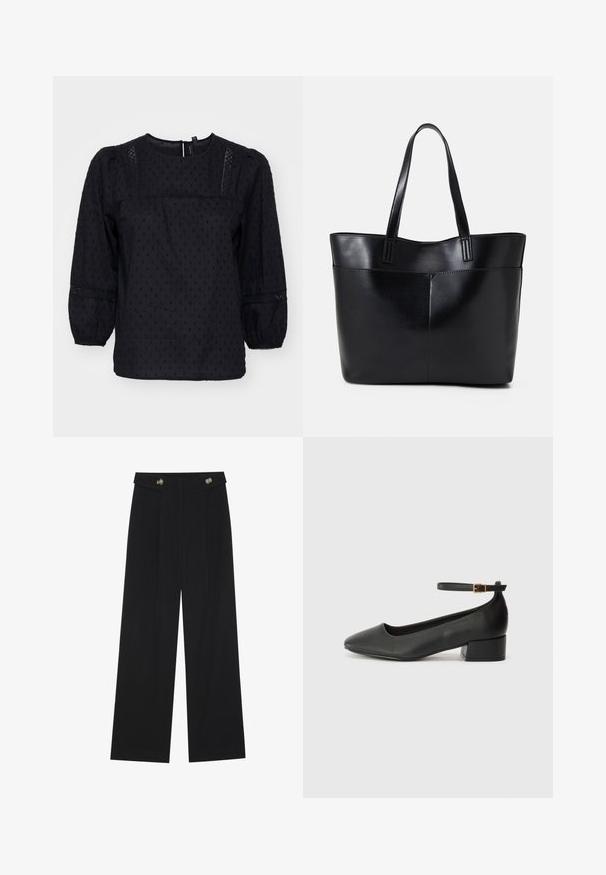 Čierna blúzka s volánovými rukávmi, textúrovanými bodkami a čipkovými akcentmi na pleciach a manžetách. Okrúhly výstrih. Mäkká látka.; Čierne široké nohavice s vysokým pásom, so zapínaním na gombíky na páse a prednými sklady.; Čierne kožené lodičky s špicatou špičkou a nízkym blokovým podpätkom. Obsahuje remienok okolo členka so zlatým prackou. Hladký povrch.; Čierna kožená tote taška s dvoma dlhými rúčkami, hladkým povrchom a štruktúrovaným tvarom. Obsahuje prednú kapsu pre dodatočné uskladnenie.