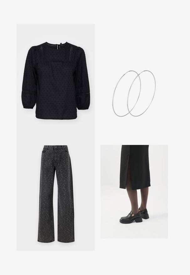 Schwarze Bluse mit Puffärmeln, strukturierten Pünktchen und Spitzenakzenten an den Schultern und Manschetten. Rundhalsausschnitt. Weicher Stoff.; Noisy May NMJANNEL LOOSE - Jeans Relaxed Fit - black denim; Schwarze Lederschuhe mit abgerundetem Zeh, dicker Blockabsatz und elastischen seitlichen Akzenten, kombiniert mit dunklen Strumpfhosen und einem schwarzen Rock mit Schlitz.; Silberne Creolen mit minimalistischem Design. Rundform, glatte Oberfläche und dünnes Profil. Leichtgewichtig mit hochglänzender Oberfläche.