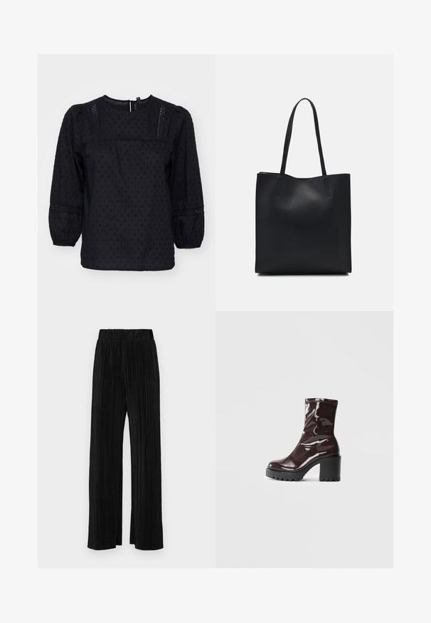 Mustmustega puffidega pluus, tekstuursete täppidega ja pitsiaktsentidega õlgadel ja mansettidel. Ümmargune kaelus. Pehme kangas.; Mustad pleekitud püksid elastse vöökohtaga. Omavad laiad jalad ja sujuvat, tekstureeritud kangast vertikaalsete triipudega.; Klakav läikiv burgundi värvi pahkluu saabas, millel on paks must konts, sile tekstuur ja lihtne disain. Nähtavad kinnitused või mustrid puuduvad.; Mustast nahast kott sujuva tekstuuriga, ristkülikukujuline ja kahe pika sangaga. Pole nähtavat riistvara ega kaunistusi.