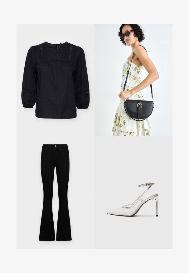 Mustmustega puffidega pluus, tekstuursete täppidega ja pitsiaktsentidega õlgadel ja mansettidel. Ümmargune kaelus. Pehme kangas.; Mustad kõrge vöökohtadega teksad, millel on nööp ja lukuga sulgemine, esikäe taskud ja laienevad sääred, asetatud tasasele valgele taustale.; Selge stiletto-kontsaga king, terava varbaga, läbipaistvast materjalist, metalsete hõbedaste detailidega ja reguleeritava pahkluu rihmaga.; Mustmust mustraha kõverate joontega, eemaldatava rihmaga ja kuldsete detailidega. Kotil on klapp, millel on pandladetail.