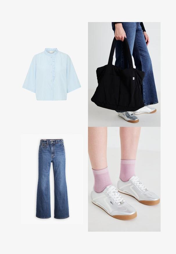 Lichtblauw overhemd met korte mouwen, met verticale witte strepen en een franje langs de knoopsluiting. Van katoen.; Zwarte geribbelde cardigan met een ronde halslijn, voorzien van lange mouwen en een rij van zes knopen aan de voorkant. Zachte textuur, korte lengte.; Hoge taille blauwe denim jeans met een wijde pijp, voorzien van een voorkraag, koperen knoopsluiting en contrasterende stiksels.; Zilveren sportschoenen met witte accenten en een gumrubberen zool, gecombineerd met geribbelde roze sokken, wat een laag profiel ontwerp laat zien.; Zwarte stoffen tote bag met een pofferig ontwerp, twee stevige handvatten en een klein logo-opstrijkpatch aan de voorkant, vastgehouden door een persoon in denim.