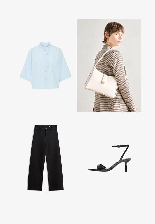 Svetle modrá košile s krátkým rukávem, s vertikálními bílými pruhy a volánem podél knoflíkové légy. Bavlněný materiál.; Černé denimové kalhoty s volným střihem a vysokým pasem, vybavené předními a zadními kapsami, prošívanými švy a knoflíkovým zapínáním. Hladká textura.; Bershka Sandály na vysokém podpatku - black; Bílá kožená kabelka se strukturálním designem, s magnetickým uzávěrem a ramenním popruhem, prezentovaná na neutrálním pozadí.