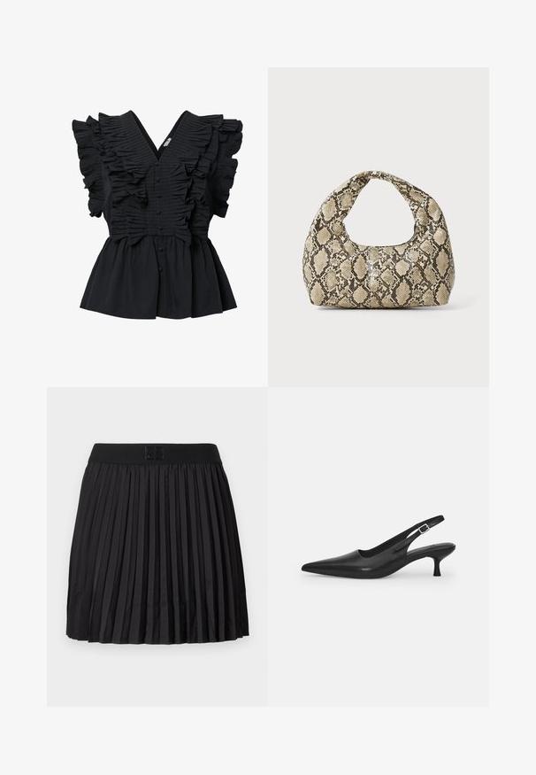 Juoda be rankovių bluzelė su giliu V formos iškirpimu, raukšlėta apdaila priekyje ir pečių srityje, bei audiniu padengti mygtukai centre.; Juoda klostuota sijonas su glotnia tekstūra, turintis tvirtą juodą juosmenį ir iškilnų logotipo detalę priekyje.; Juodos odinės slingback bateliai su smailiu nosiu ir plonu, lenktu kulnu. Yra diskretiška reguliuojama juostelė su metaliniu sagtimi.; Gyvatės rašto rankinė su kreiviu rankenėle. Pagaminta iš tekstūruotų smėlio ir rudos spalvos medžiagų, su išskirtiniu rombo raštu.